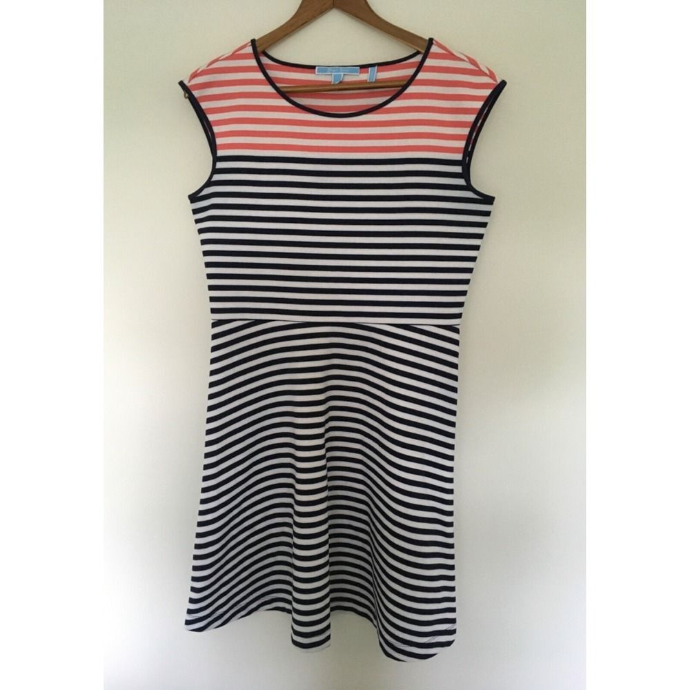 Draper James Dress Sz M A Line Sleeveless Striped Stretch Ponte Navy Blue Coral